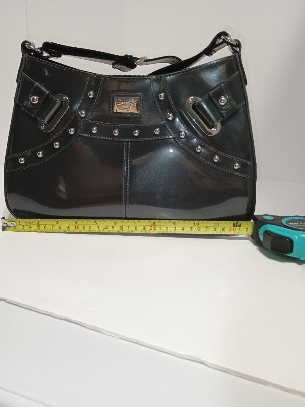 Beijo Classic Black Patent Leather Look Studded Shoulder Bag Y2K Buckle Accent - Picture 10 of 12